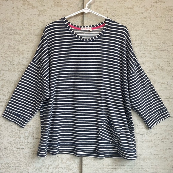 Fresh Produce Navy Blue/White Stripe French Terry Top Sz OS Nautical Coastal - Picture 1 of 12